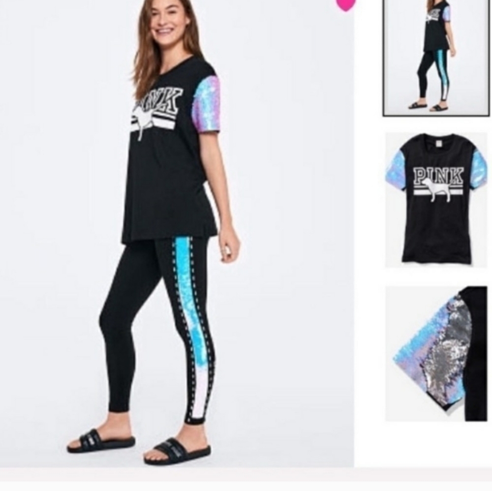 VICTORIA'S SECRET PINK Mermaid Flip Sequin Bling Campus Short Sleeve Tee